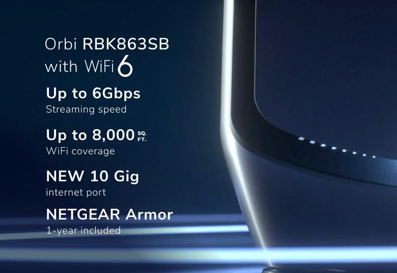 AX6000 Mesh WiFi System (RBK863SB) Orbi 860 Series Tri-Band WiFi 6 Mesh System, 6Gbps, 10 Gig Port, 3-Pack, Black, with 1-year NETGEAR Armor included