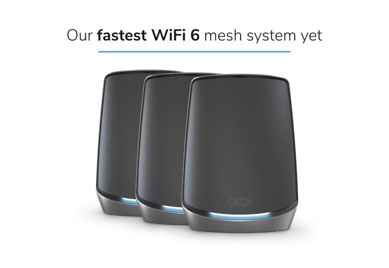 AX6000 Mesh WiFi System (RBK863SB) Orbi 860 Series Tri-Band WiFi 6 Mesh System, 6Gbps, 10 Gig Port, 3-Pack, Black, with 1-year NETGEAR Armor included